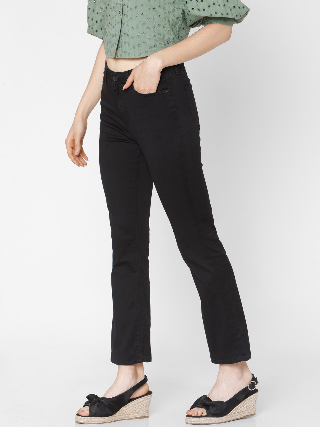 Spykar Women Black Cotton Flare Fit Ankle Length Jeans (Elissa)