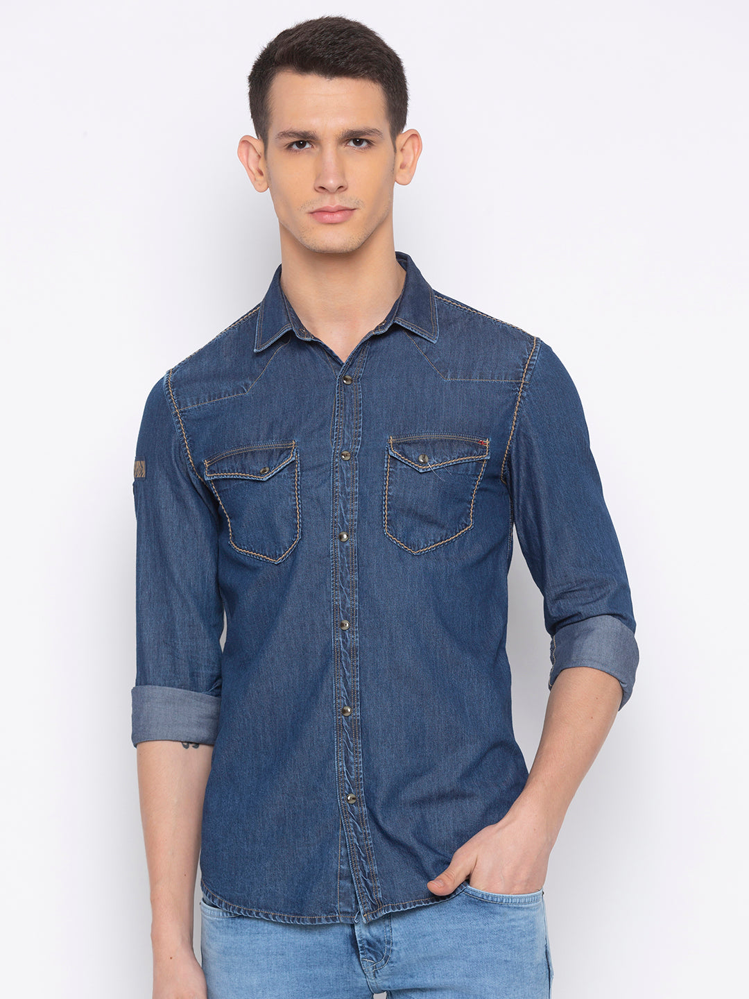 Spykar Men Mid Blue Solid Slim Fit Casual Shirt