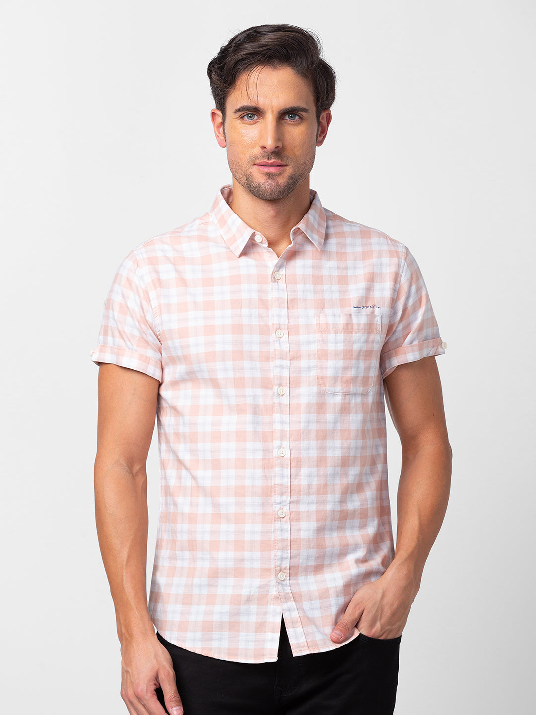 Spykar Men Peach Cotton Slim Fit Checkered Shirt