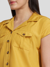 Spykar Women Ochre Yellow Cotton Slim Fit Cap Sleeve Denim Shirts