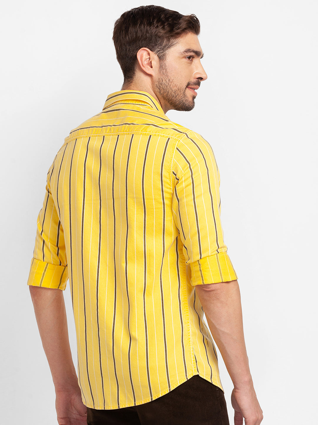 Spykar Yellow Cotton Full Sleeve Stripes Shirt For Men