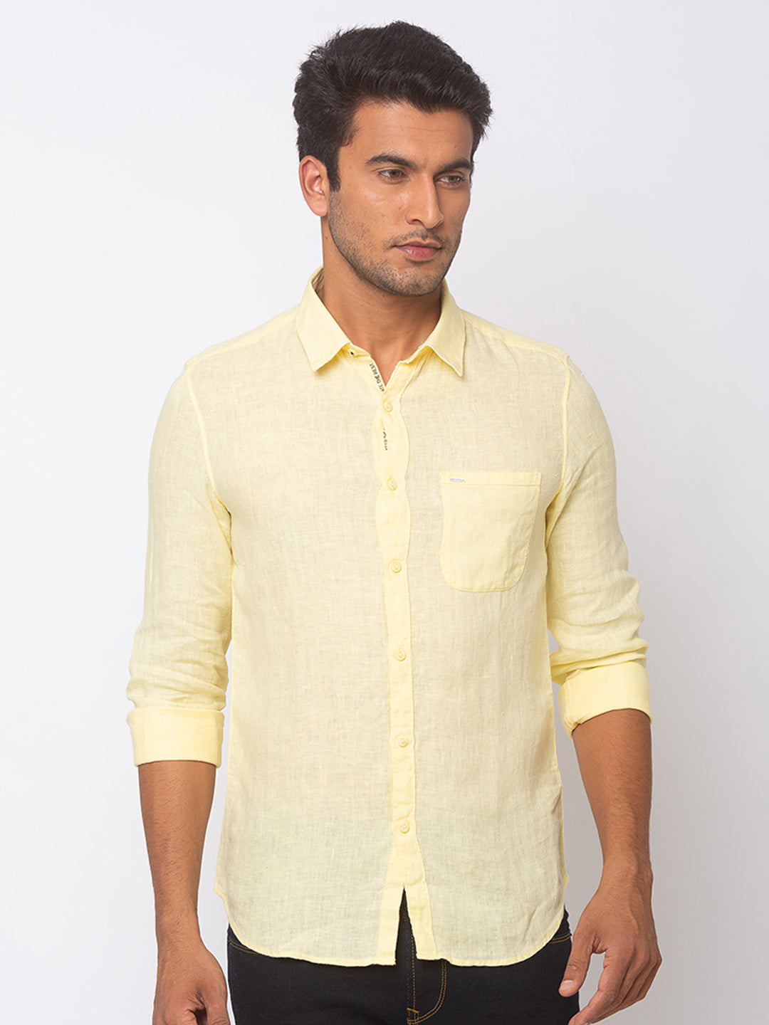 Spykar Men Yellow Cotton Slim Fit Shirt