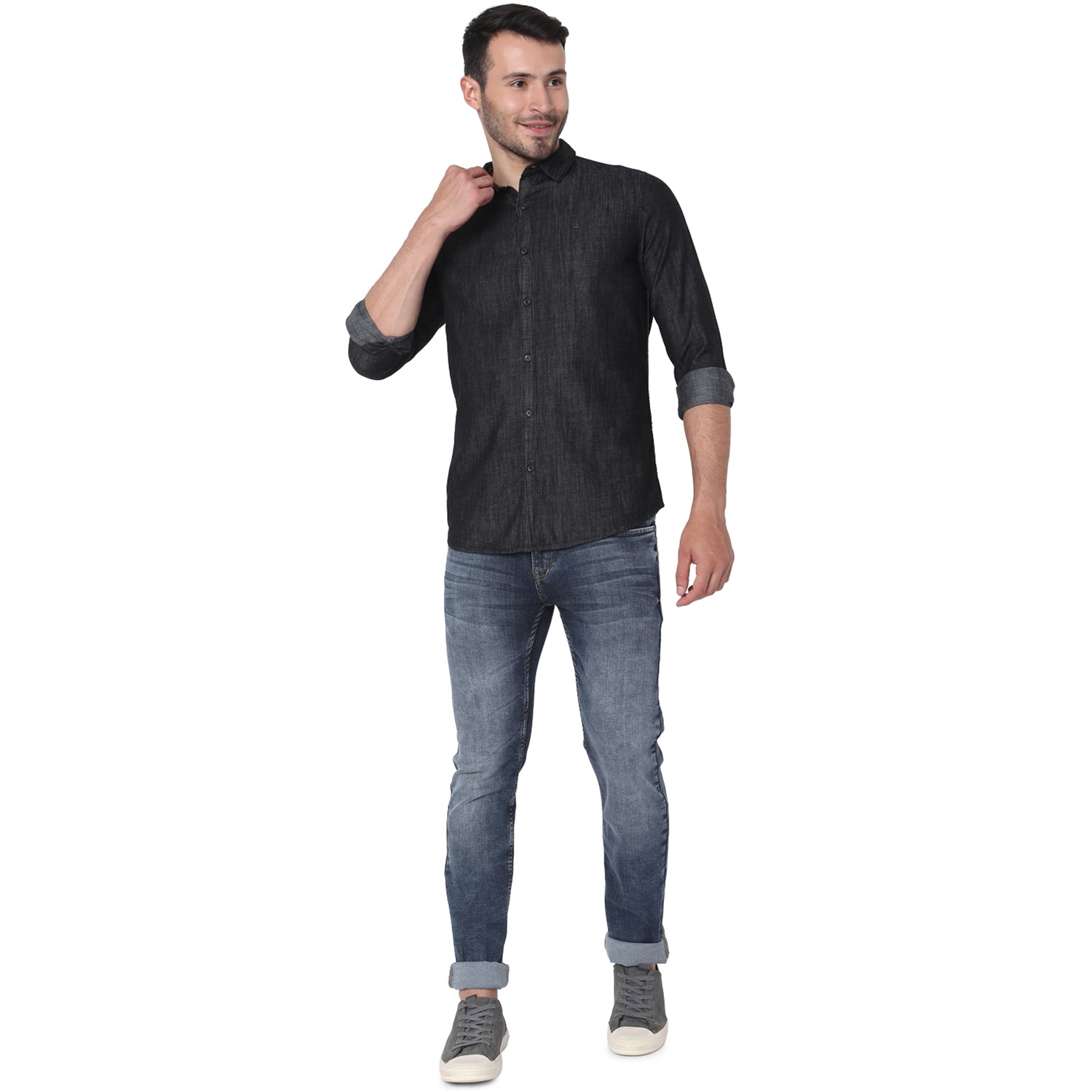 Spykar Men Black Cotton Slim Fit Full Sleeve Plain Shirt