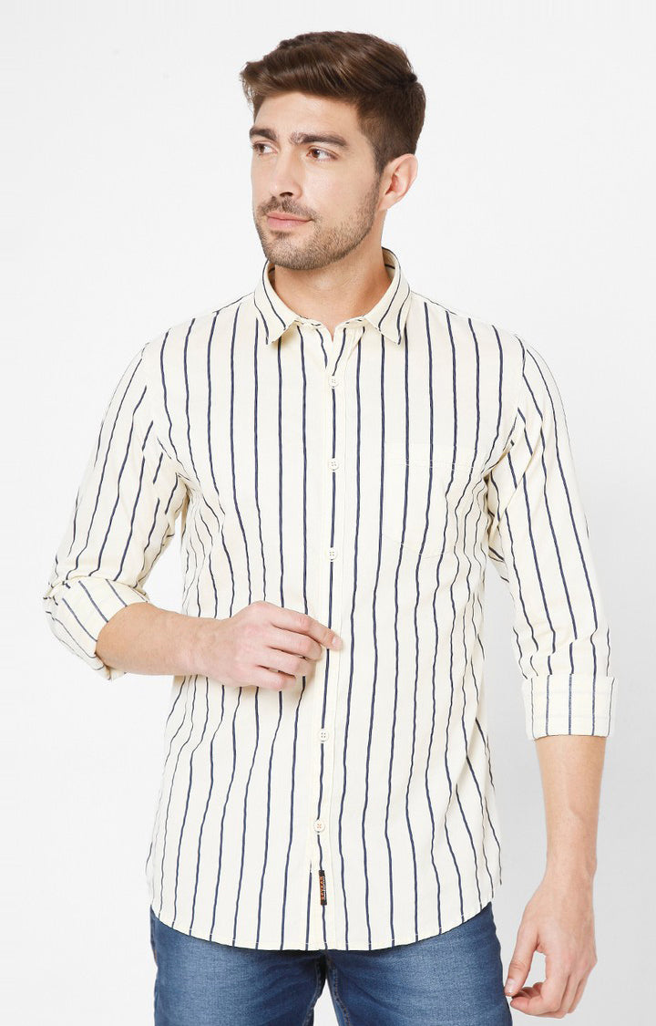 Spykar Beige Cotton Striped Slim Fit Shirts For Men