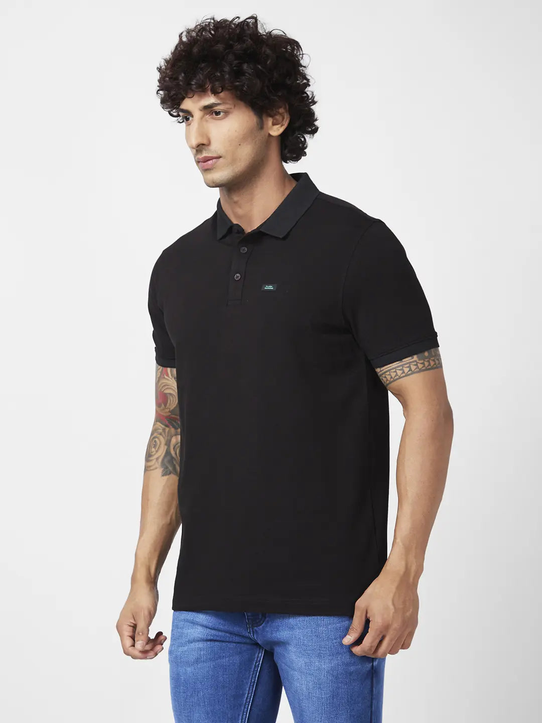 Spykar Men Black Blended Slim Fit Half Sleeve Polo Neck Casual Plain Polo Tshirt