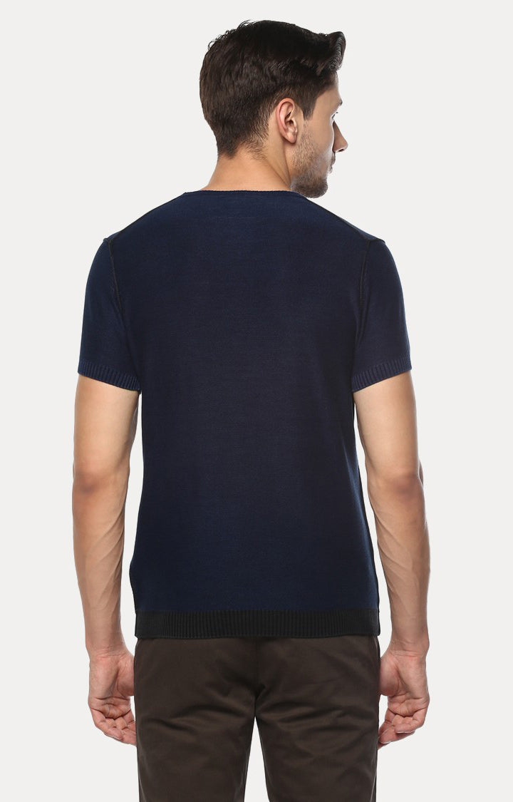 Navy Blue Solid Slim Fit Men T-Shirts