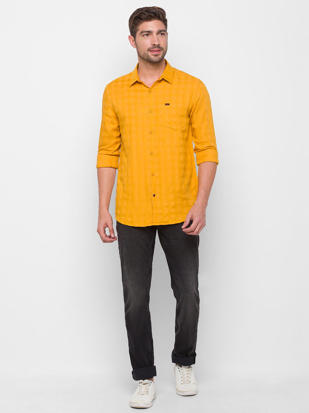 Spykar Yellow Cotton Slim Fit Shirts For Men