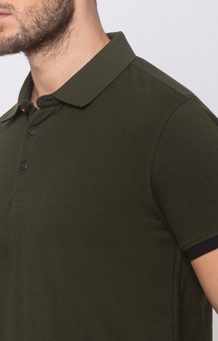 Spykar Men Rifle Green Cotton Slim Fit Plain Polo Collar Tshirt