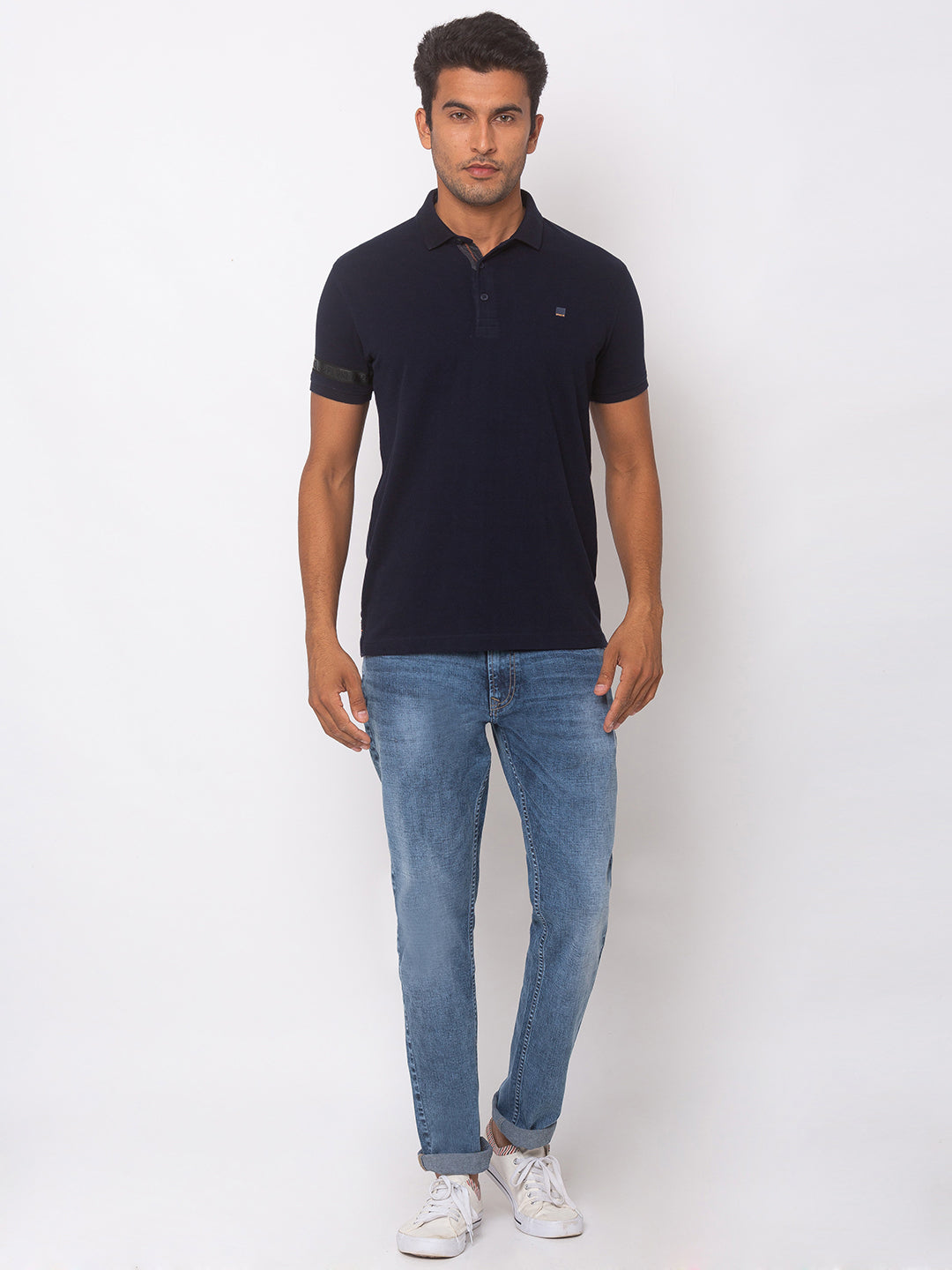 Spykar Men Blue Cotton Slim Fit Polo T-Shirt