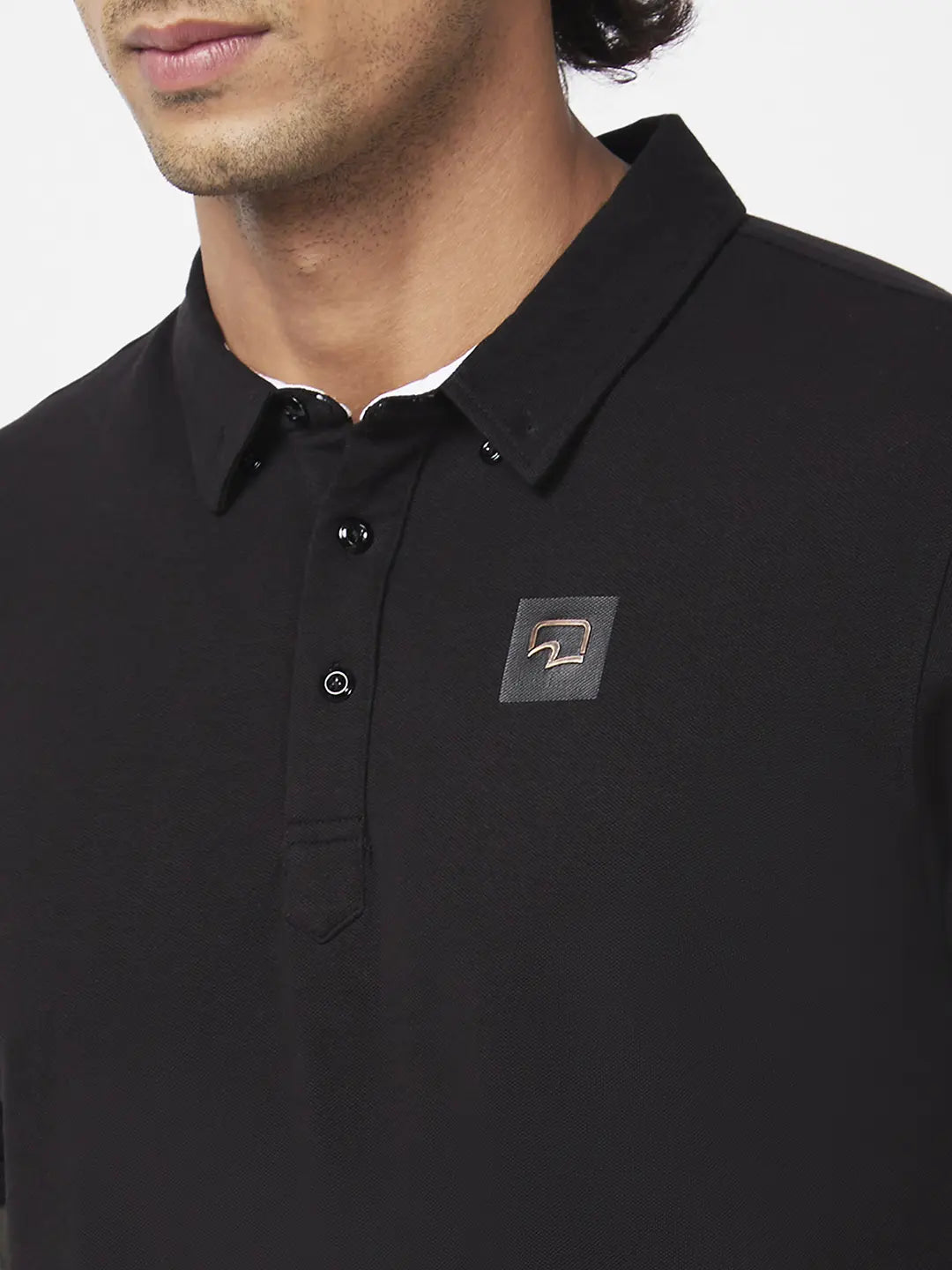 Spykar Men Black Blended Slim Fit Half Sleeve Polo Neck Plain Tshirt
