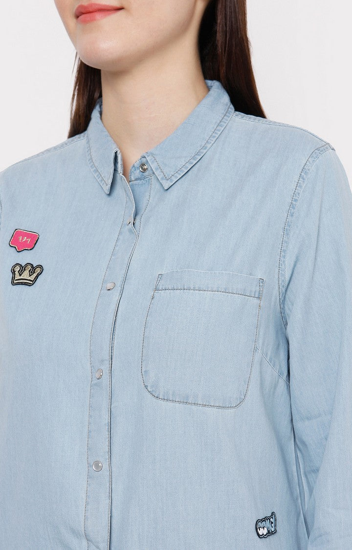 Spykar Women Light Blue Cotton Regular Fit Denim Shirt