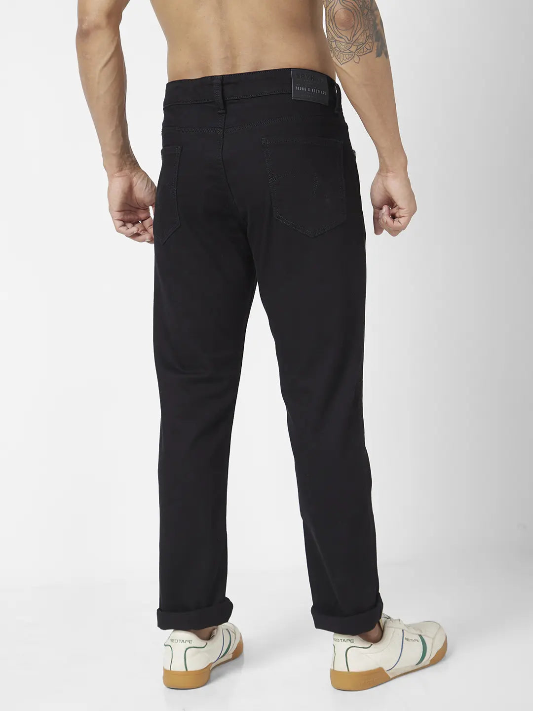 Spykar Men Black Cotton Stretch Regular Fit Narrow Length Clean Look Mid Rise Jeans (Rover)