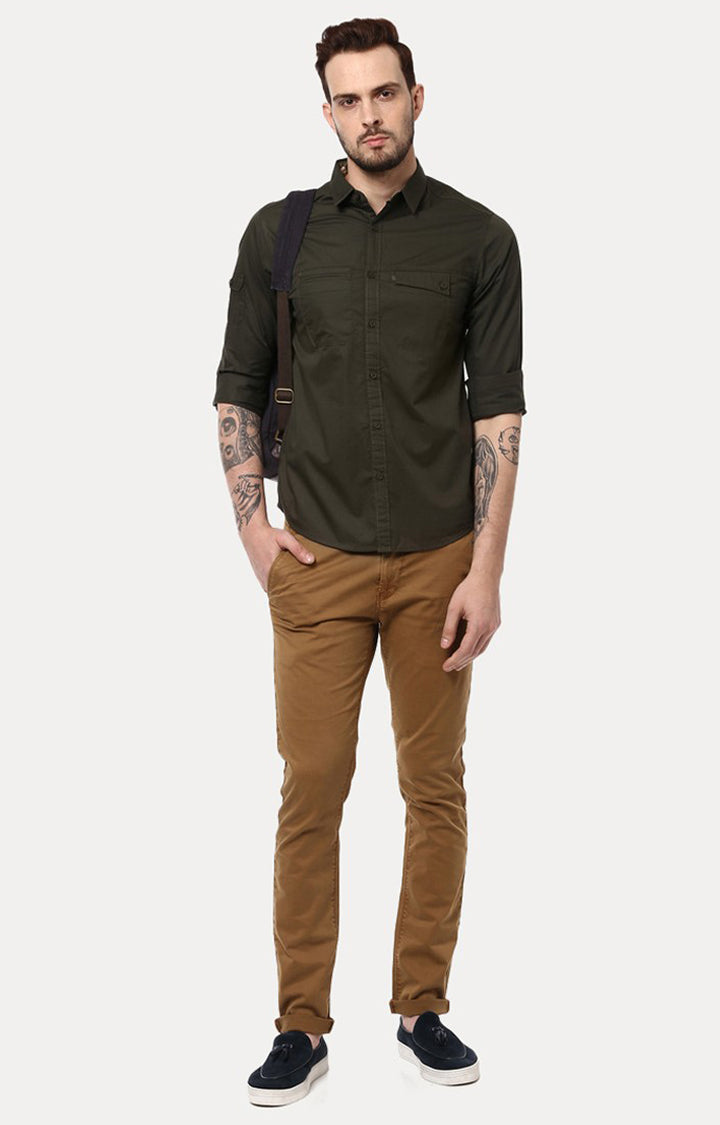 Spykar Men'S Green Cotton Solid Casual Shirts