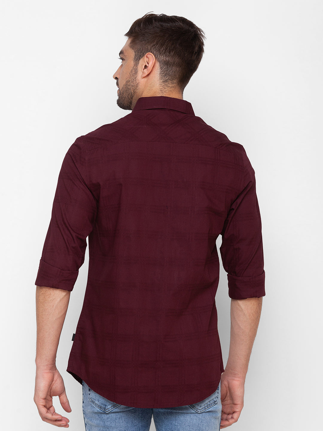 Spykar Wine Red Cotton Full Sleeve Plain Shirt For Men