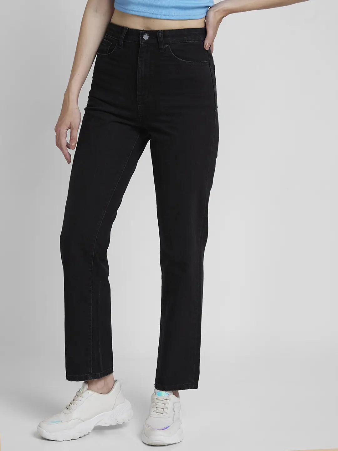 Spykar Women Raw Black Cotton Straight Fit Regular Length Slash Knee Jeans -(Bella)