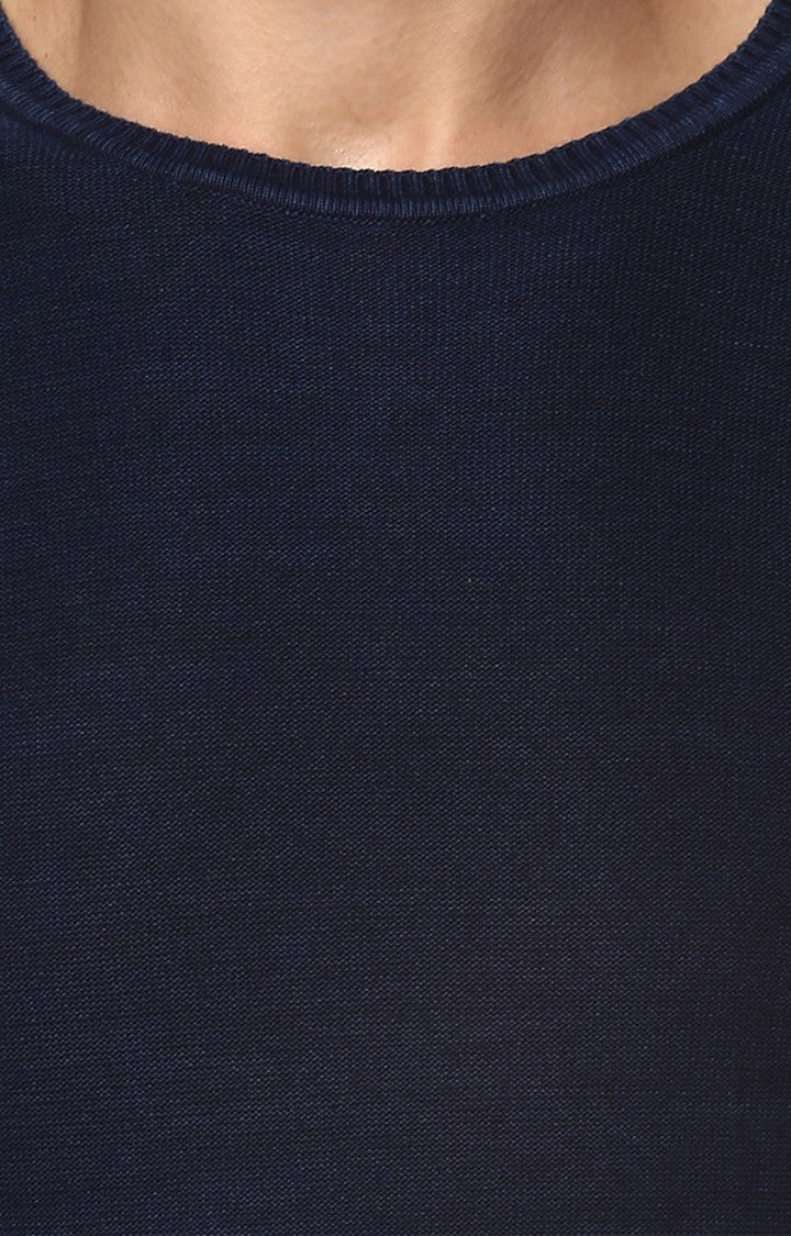 Navy Blue Solid Slim Fit Men T-Shirts