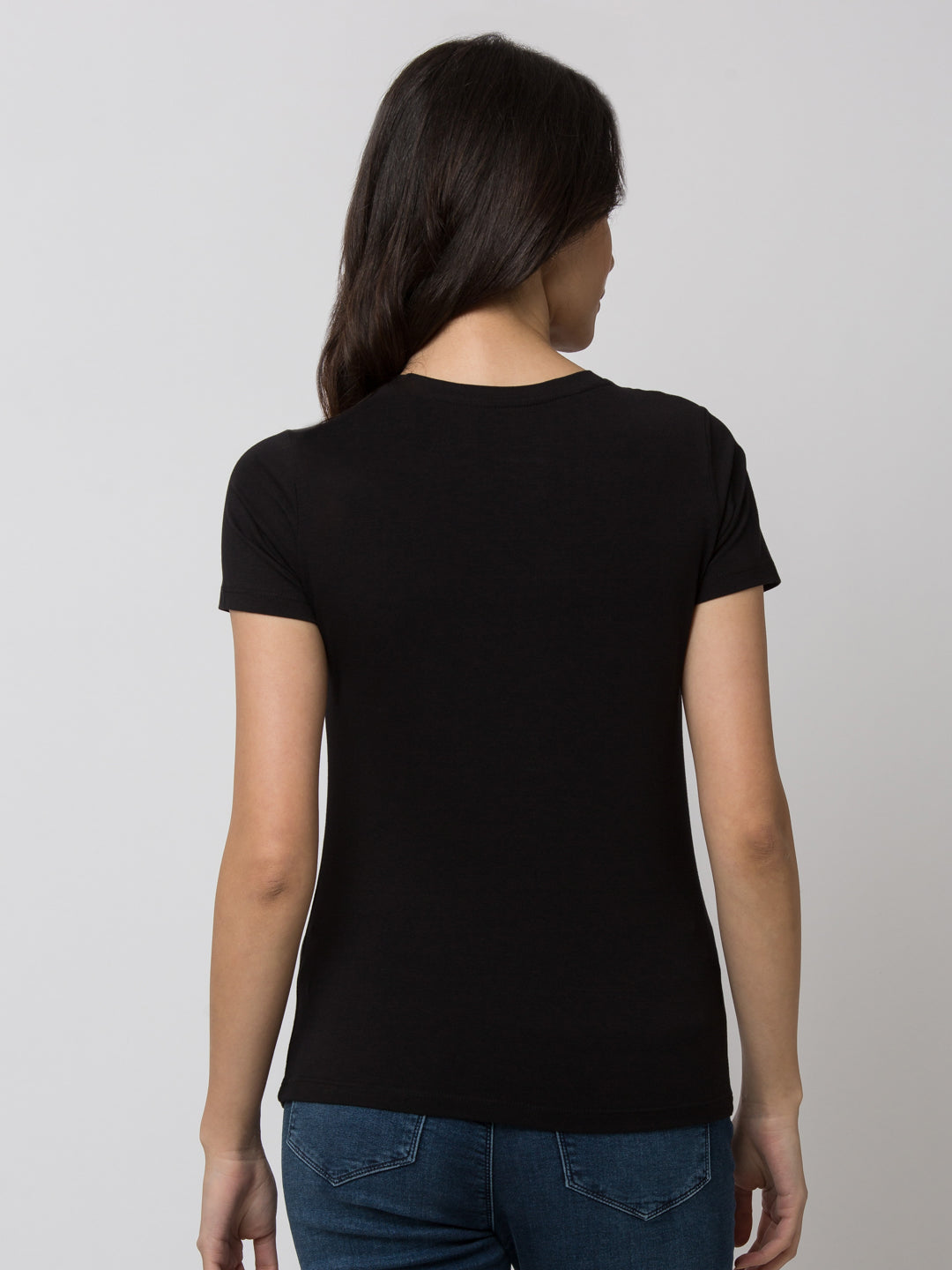 Spykar Women Black Cotton Slim Fit Round Neck T-Shirt