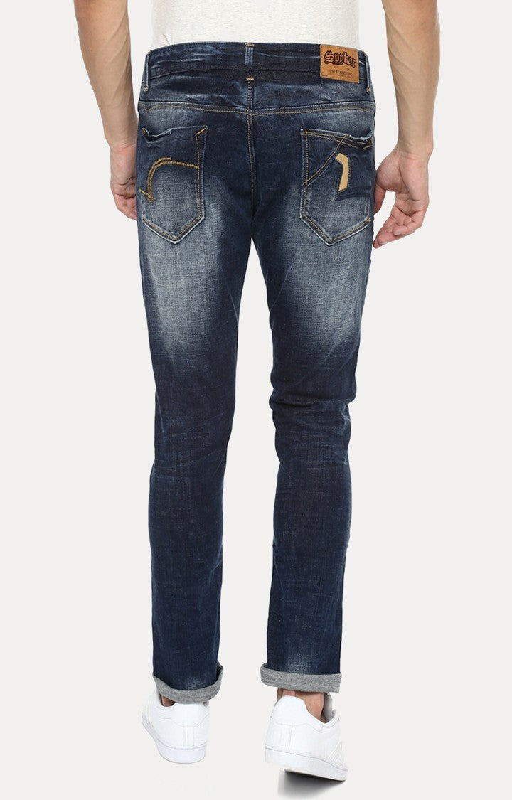 Spykar Blue Cotton Slim Fit Tapered Ankle Length Jeans For Men