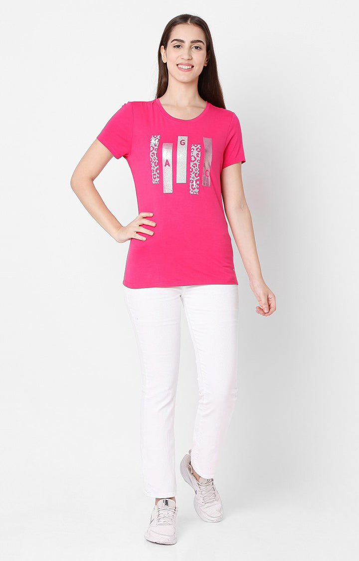 Spykar Women Pink Cotton Slim Fit Round Neck T-Shirts