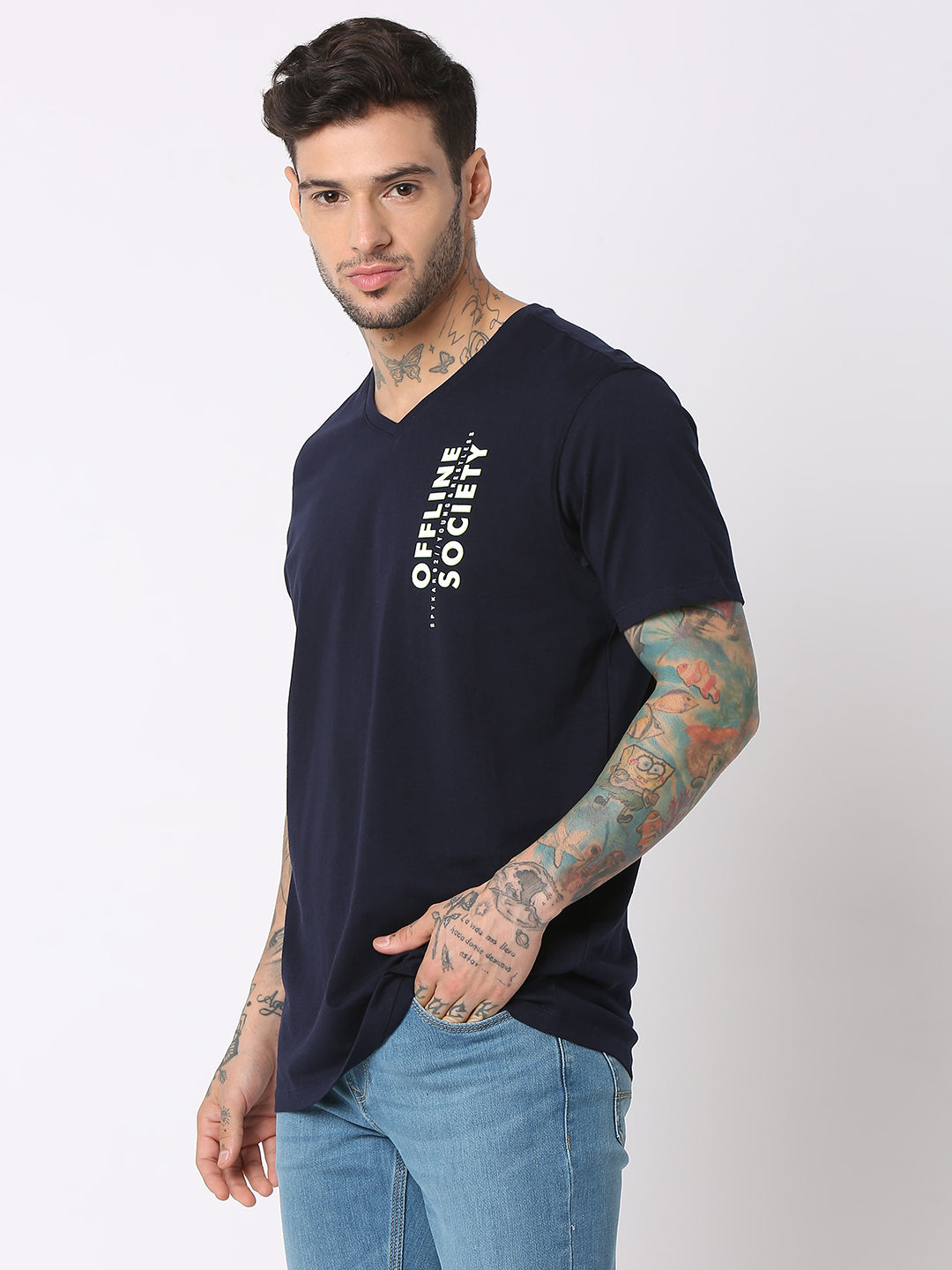 Spykar Men Navy Blue Cotton Regular Fit V-Neck Printed T-Shirt