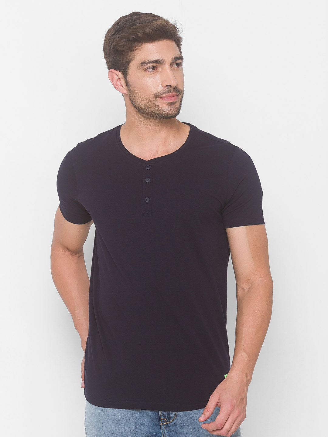 Spykar Men Blue Cotton Slim Fit Round Neck T-Shirt