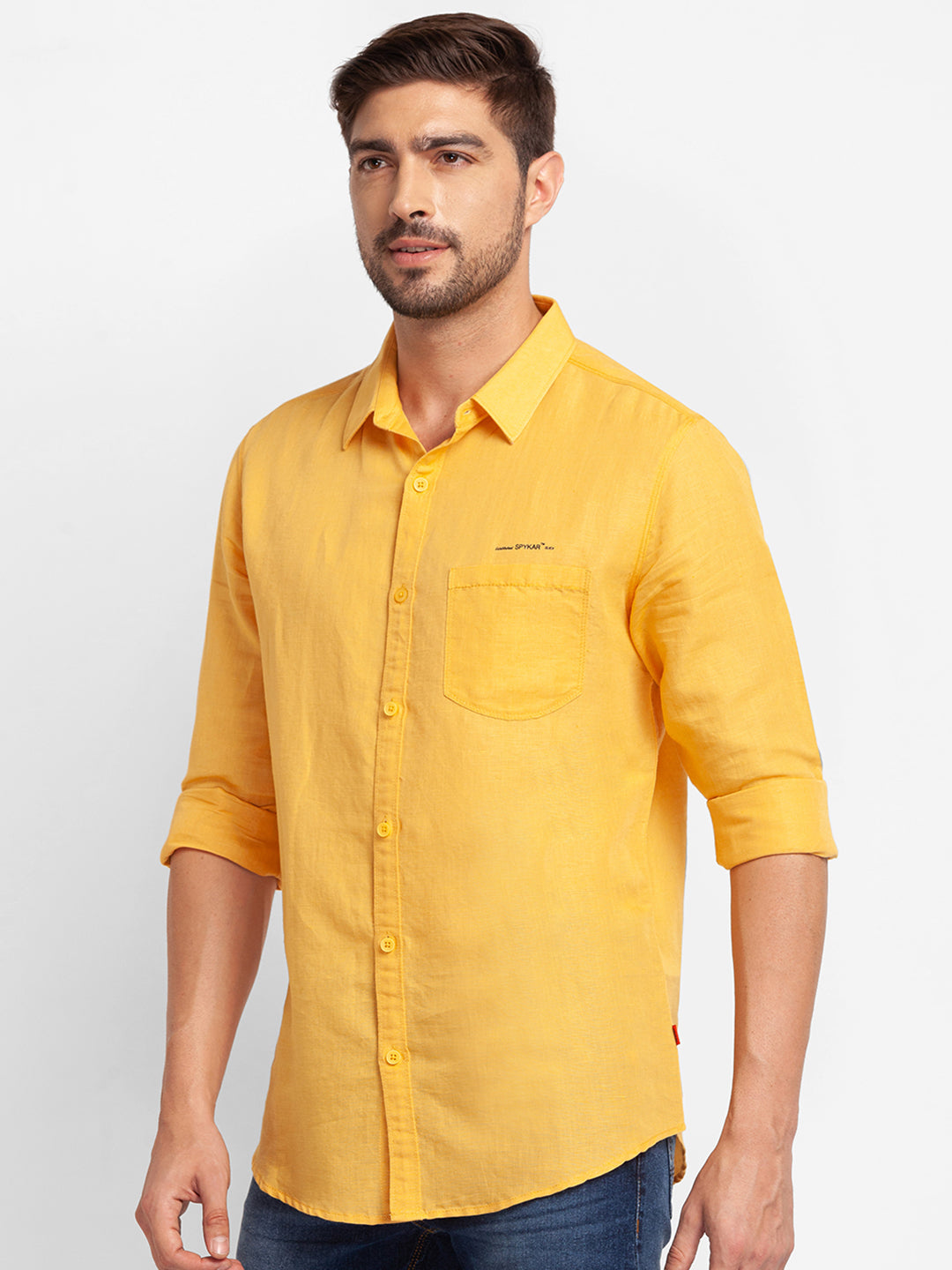 Spykar Chrome Yellow Cotton Full Sleeve Plain Shirt For Men