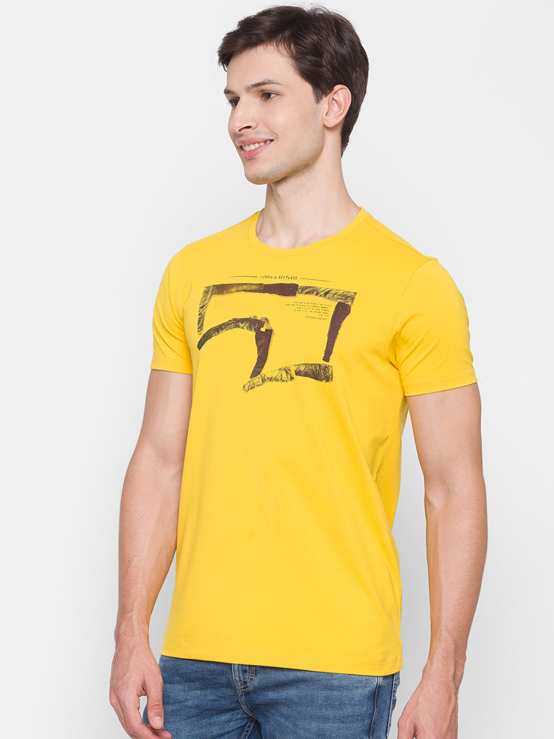 Spykar Men Yellow Cotton Slim Fit Round Neck T-Shirt