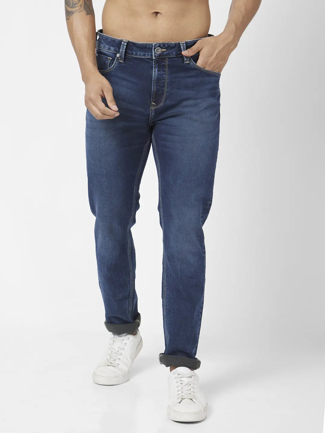 Spykar Men Dark Blue Cotton Stretch Comfort Fit Straigth Length Clean Look Mid Rise Jeans (Ricardo)