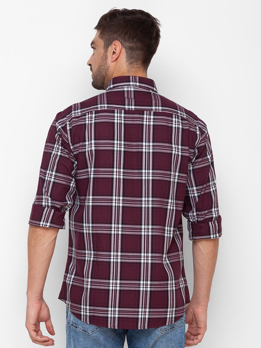 Spykar Plum Red Cotton Full Sleeve Checks Shirt For Men