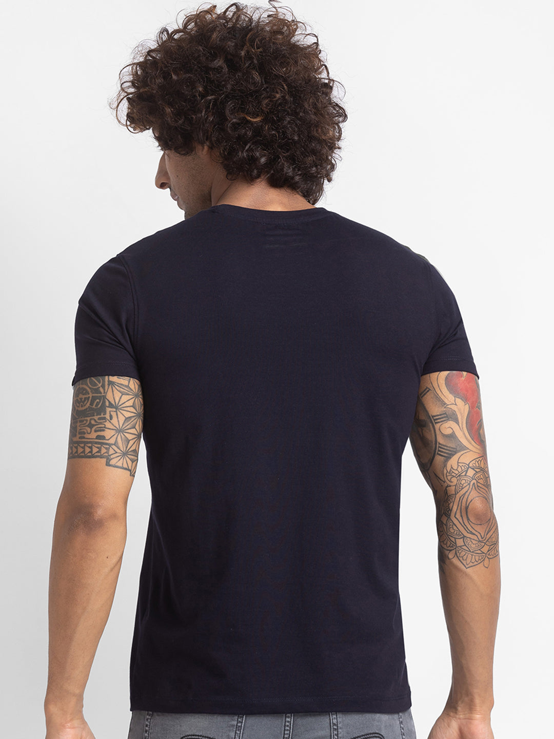 Spykar Navy Blue Cotton Half Sleeve Printed Casual T-Shirt For Men