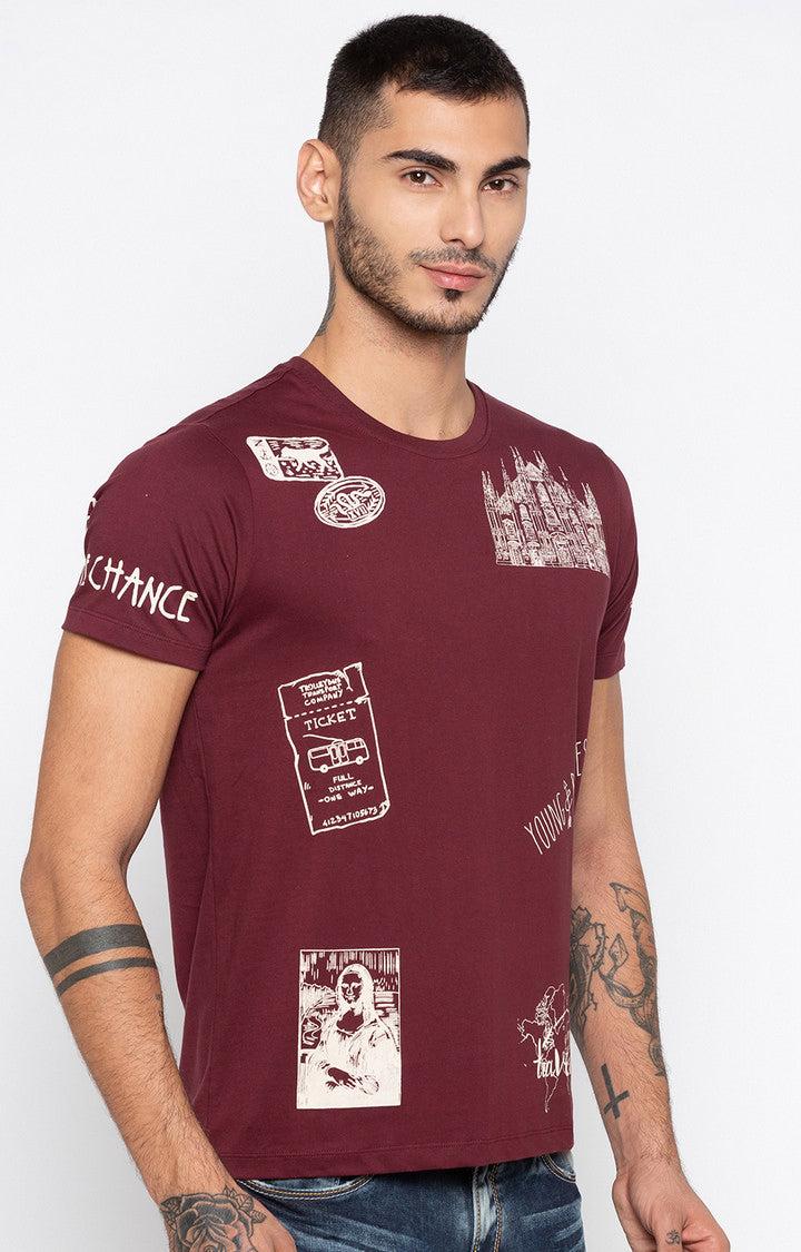 Spykar Wine Printed Slim Fit Men T-Shirts