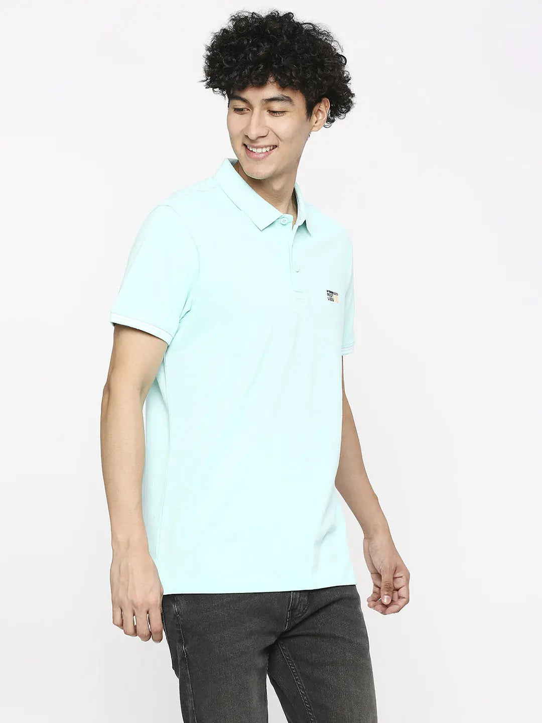 Spykar Men Bleached Aqua Cotton Slim Fit Polo Neck Plain T-Shirt