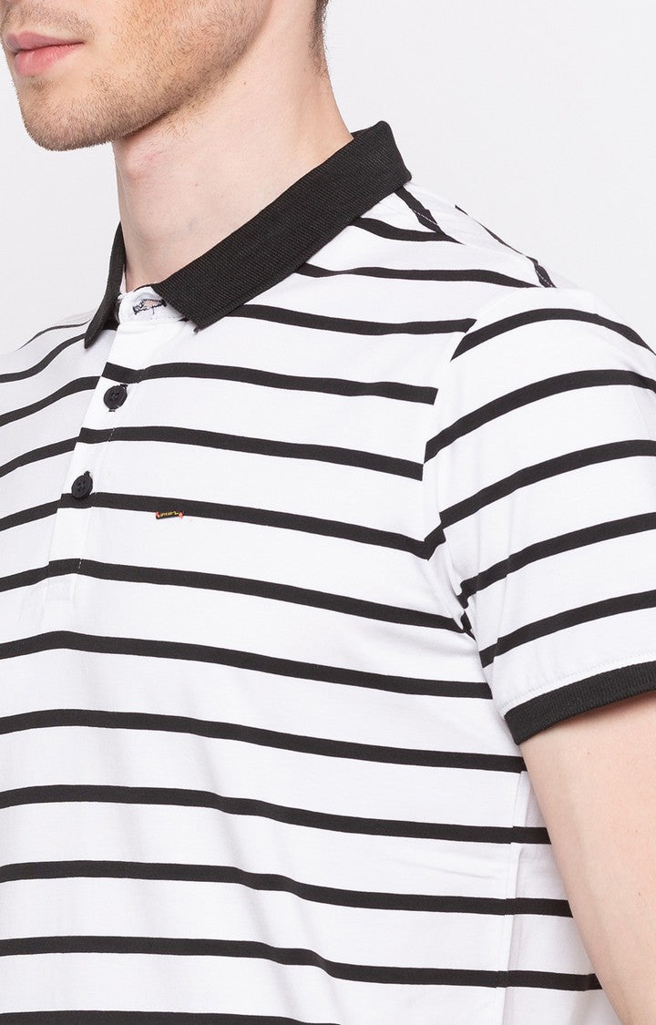 Spykar White & Black Striped Slim Fit Polo T-Shirt