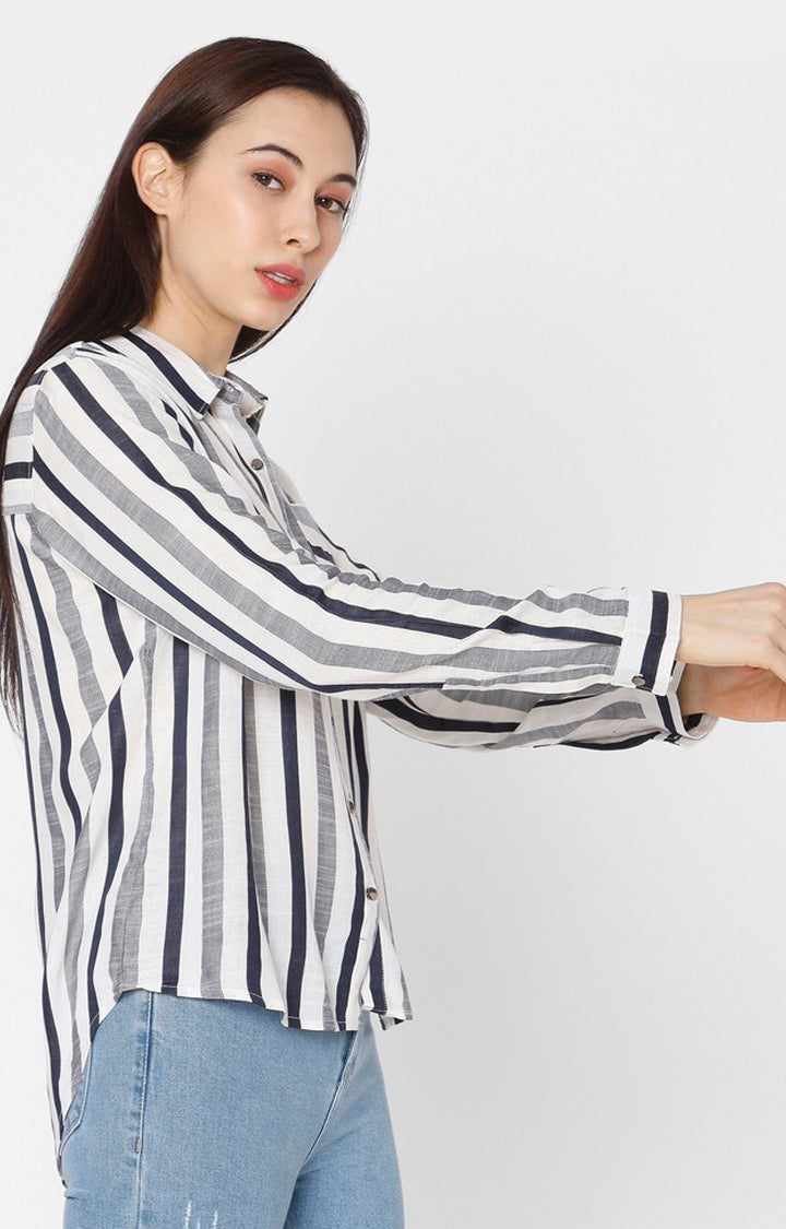 Spykar Women White Viscose Striped Casual Shirts