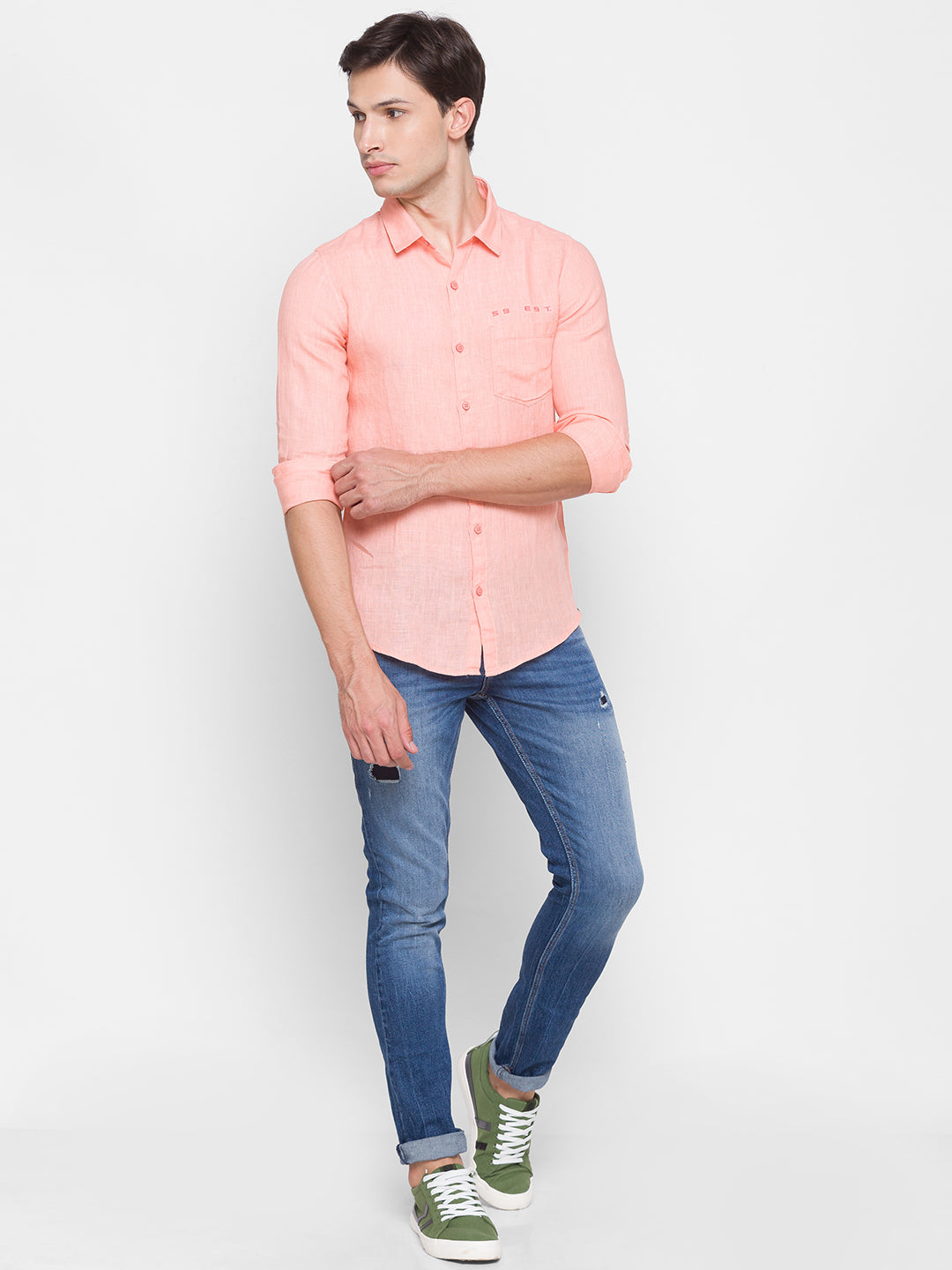 Spykar Slim Fit Orange Cotton Men Shirt