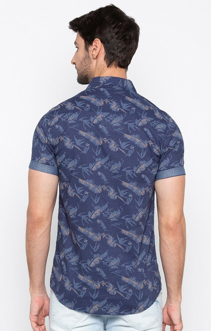 Spykar Men Navy Blue Cotton Slim Fit Floral Print Shirt