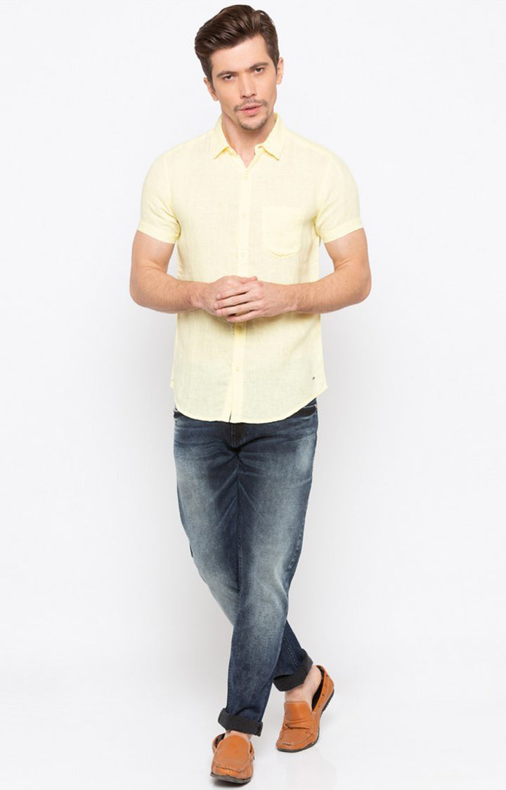 Spykar Men Yellow Cotton Slim Fit Casual Shirts