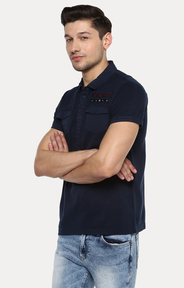 Spykar Blue Cotton Polo T-Shirt