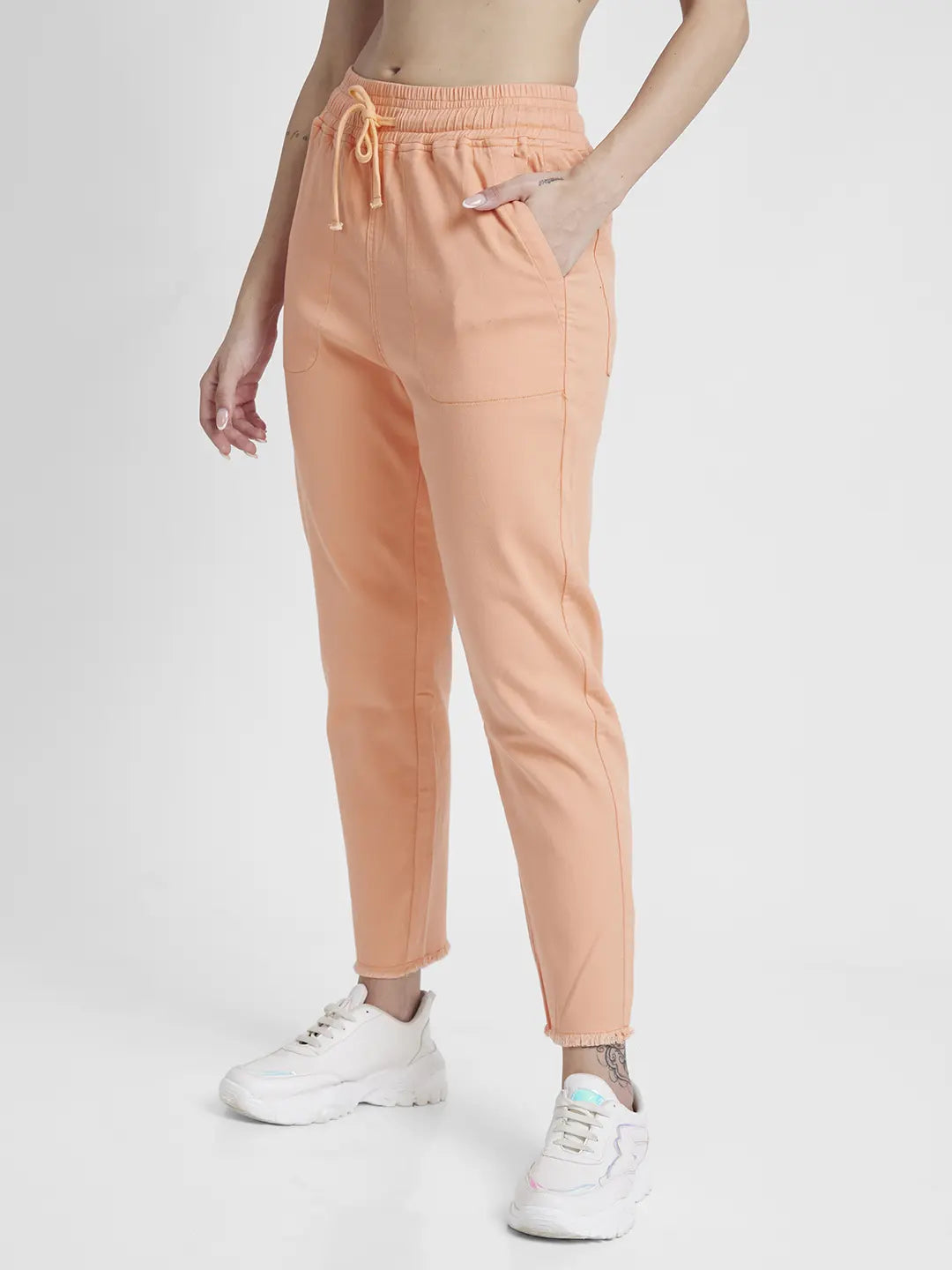 Spykar Women Peach Blended Tapered Fit Ankle Length Trackpant