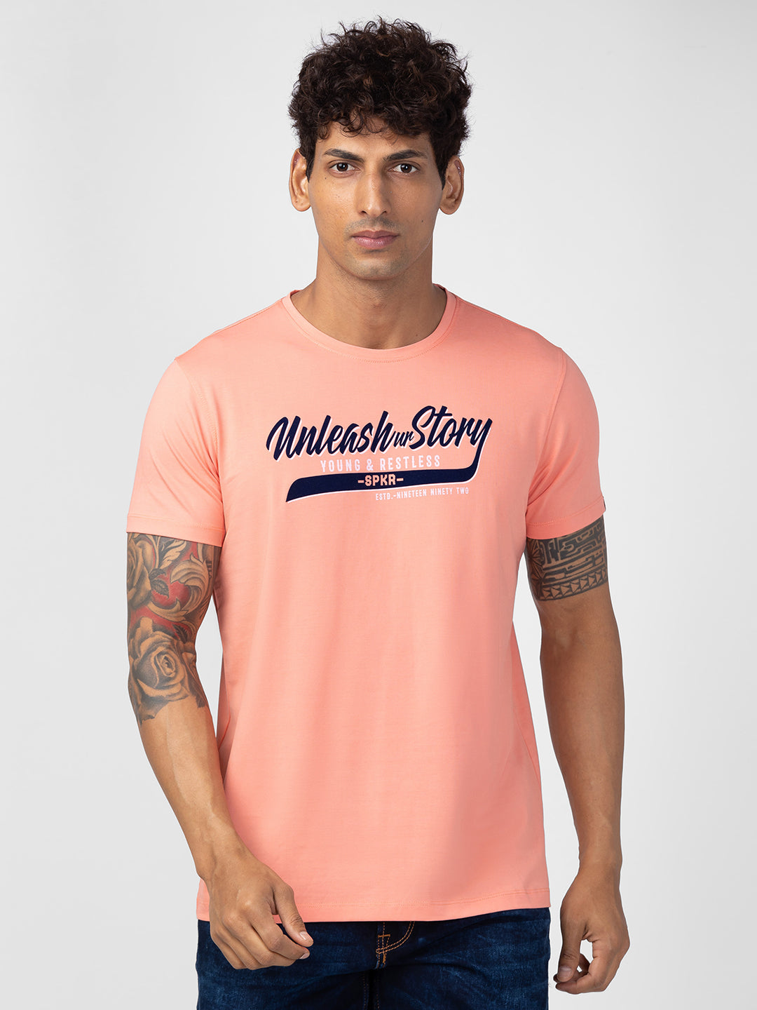 Spykar Men Peach Cotton Regular Fit Half Sleeve Printed T-Shirt