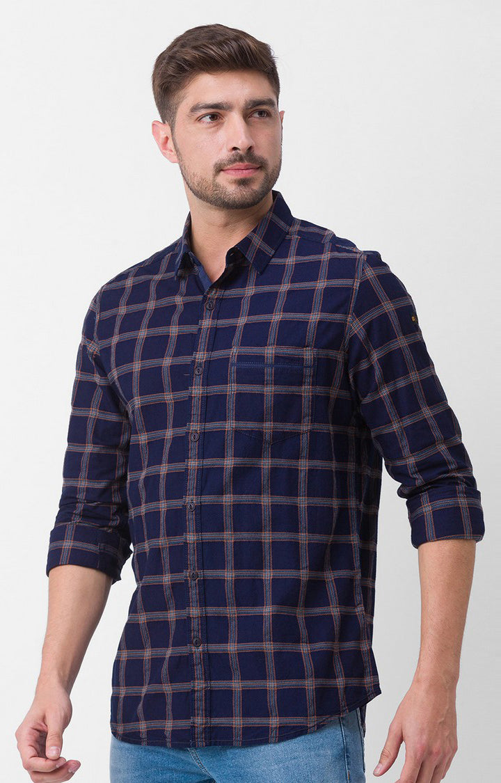 Spykar Navy Blue Cotton Full Sleeve Checks Shirt For Men