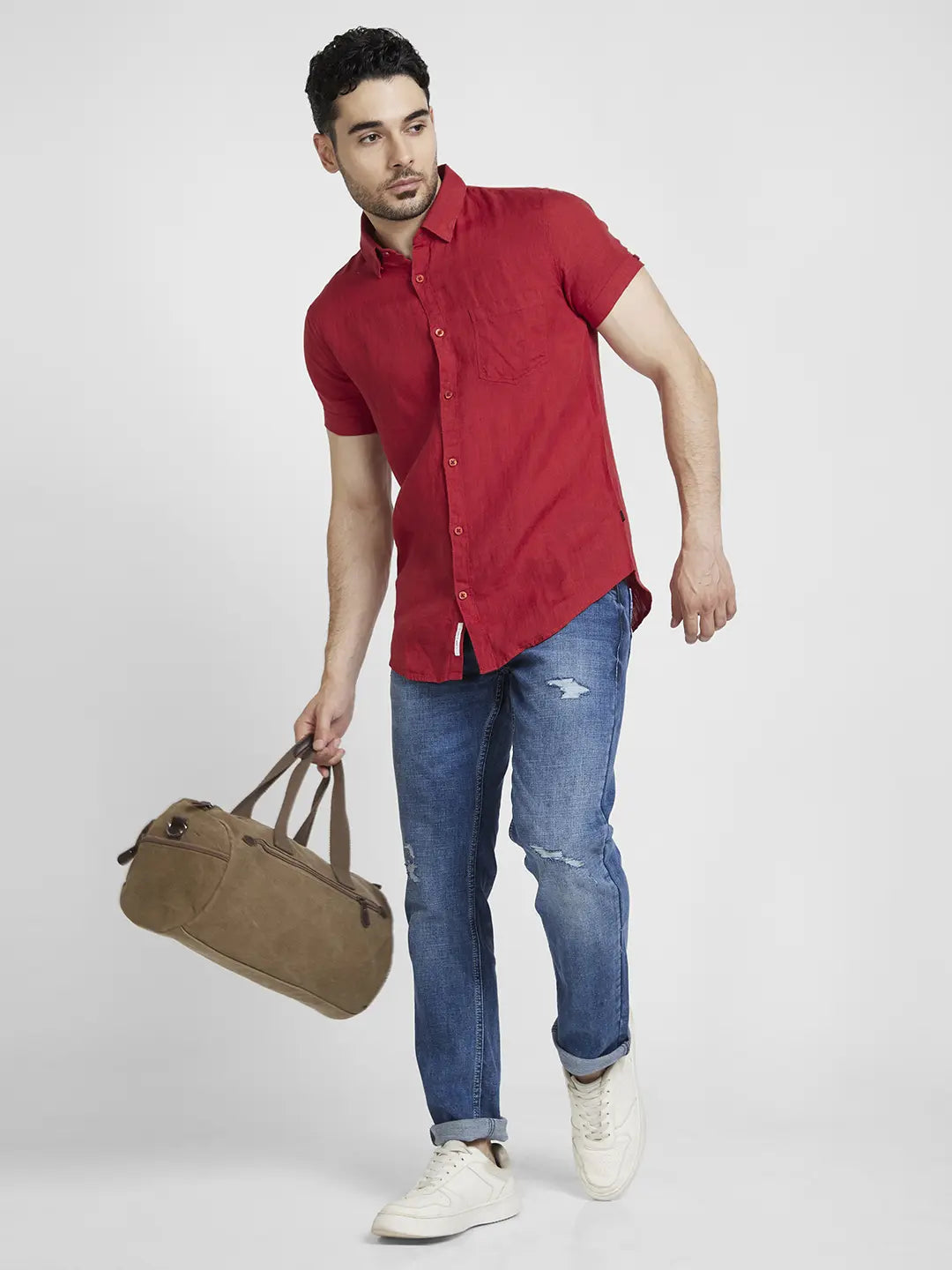 Spykar Men Brick Red Linen Regular Slim Fit Half Sleeve Plain Shirt