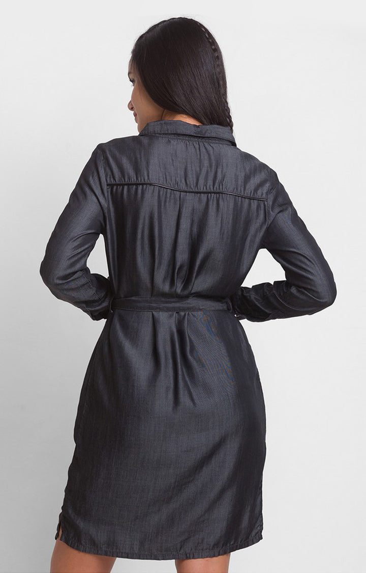 Spykar Women Black Cotton Slim Fit Full Sleeve Denim Dress
