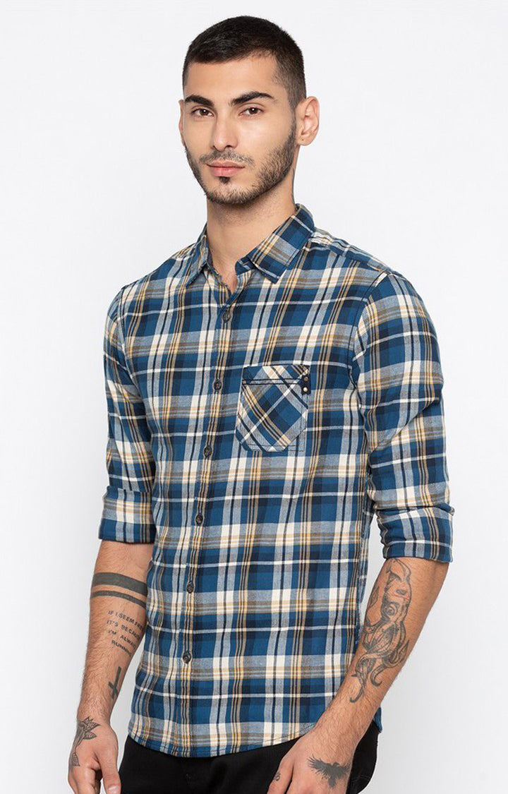 Spykar Men'S Blue Cotton Checked Casual Shirts