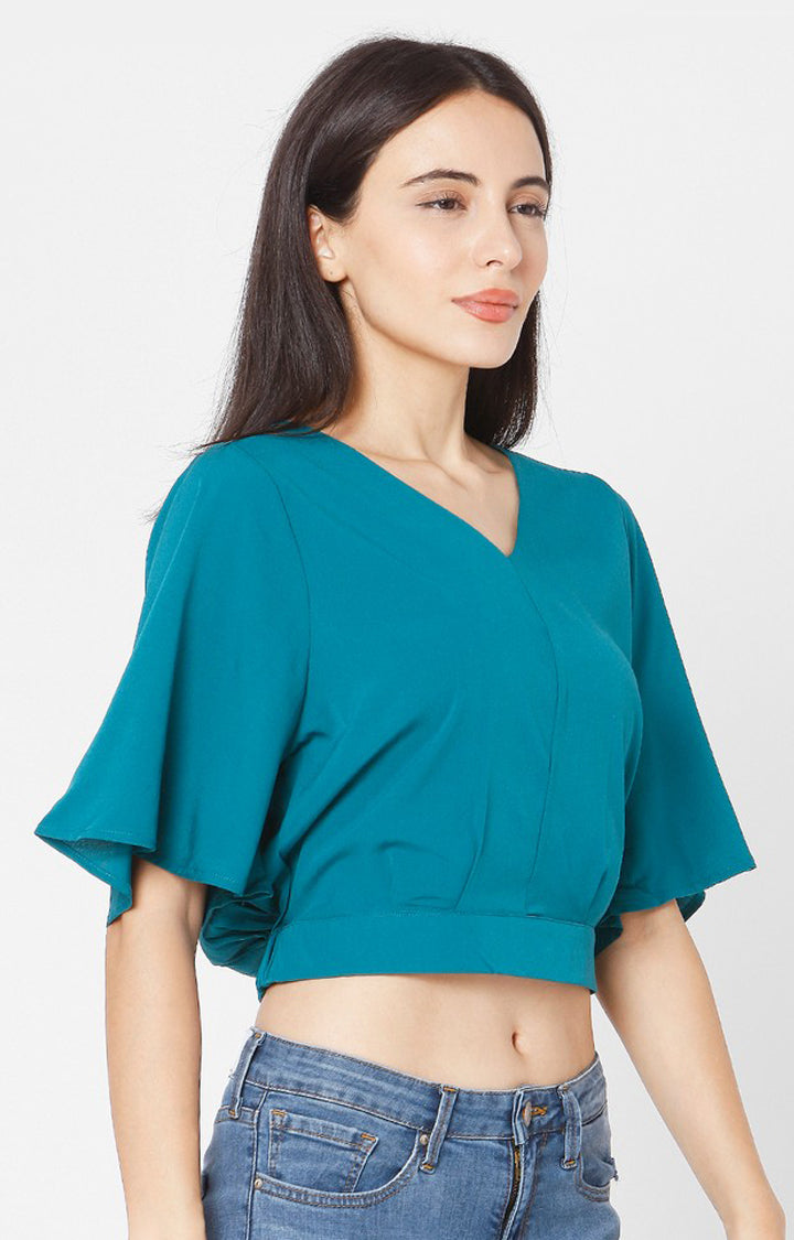 Spykar Slim Fit Teal Blue Cotton Women Top