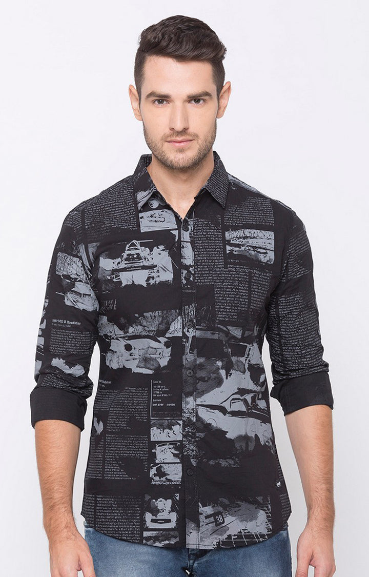 Spykar Men Jet Black Cotton Full Sleeve Slim Fit Printed Shirt