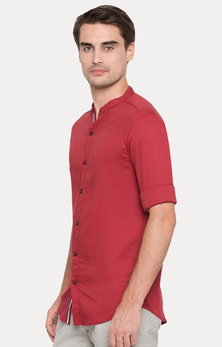 Spykar Men Maroon Slim Fit Full Sleeve M and arin Collar Shirt