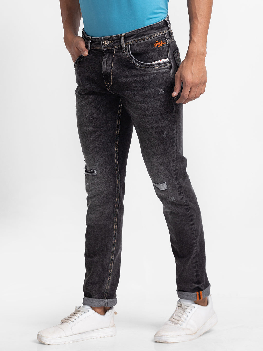 Spykar Carbon Black Cotton Slim Fit Narrow Length Jeans For Men (Skinny)