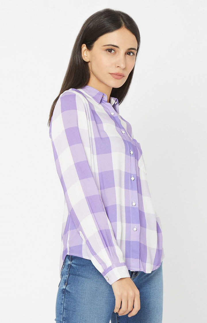 Spykar Women Lilac Viscose Checks Full Sleeve Shirts