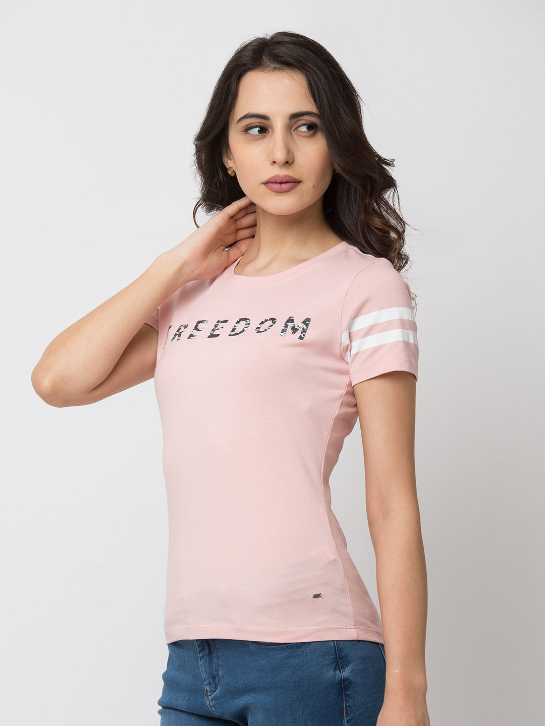 Spykar Women Pink Lycra Regular Round Neck T-Shirt